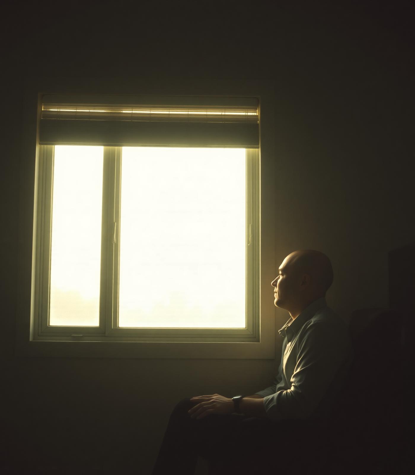 The founder sitting by a window